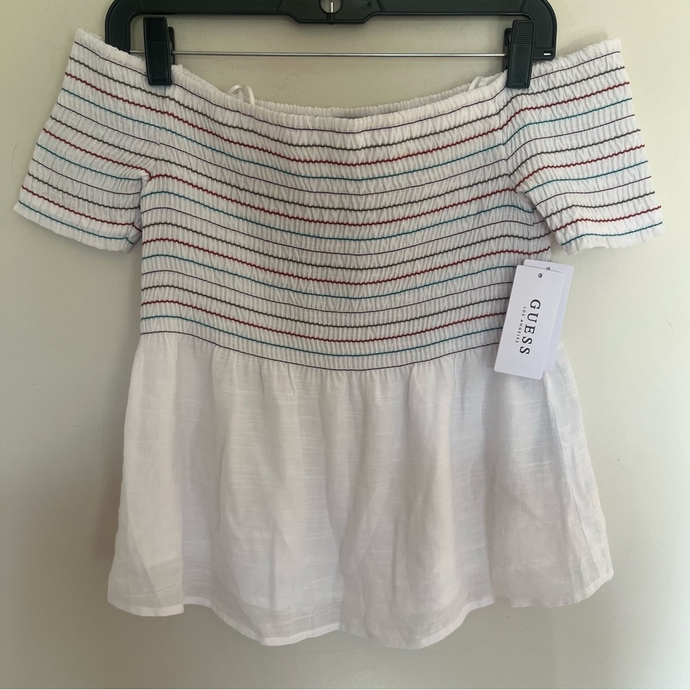 NWT Women's‎ Guess Off Should Striped Smocked Top With Flowy Bottom Size Small